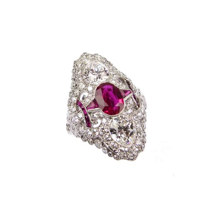 Early 20th century three stone Burma ruby and diamond 'vertical' cluster ring
